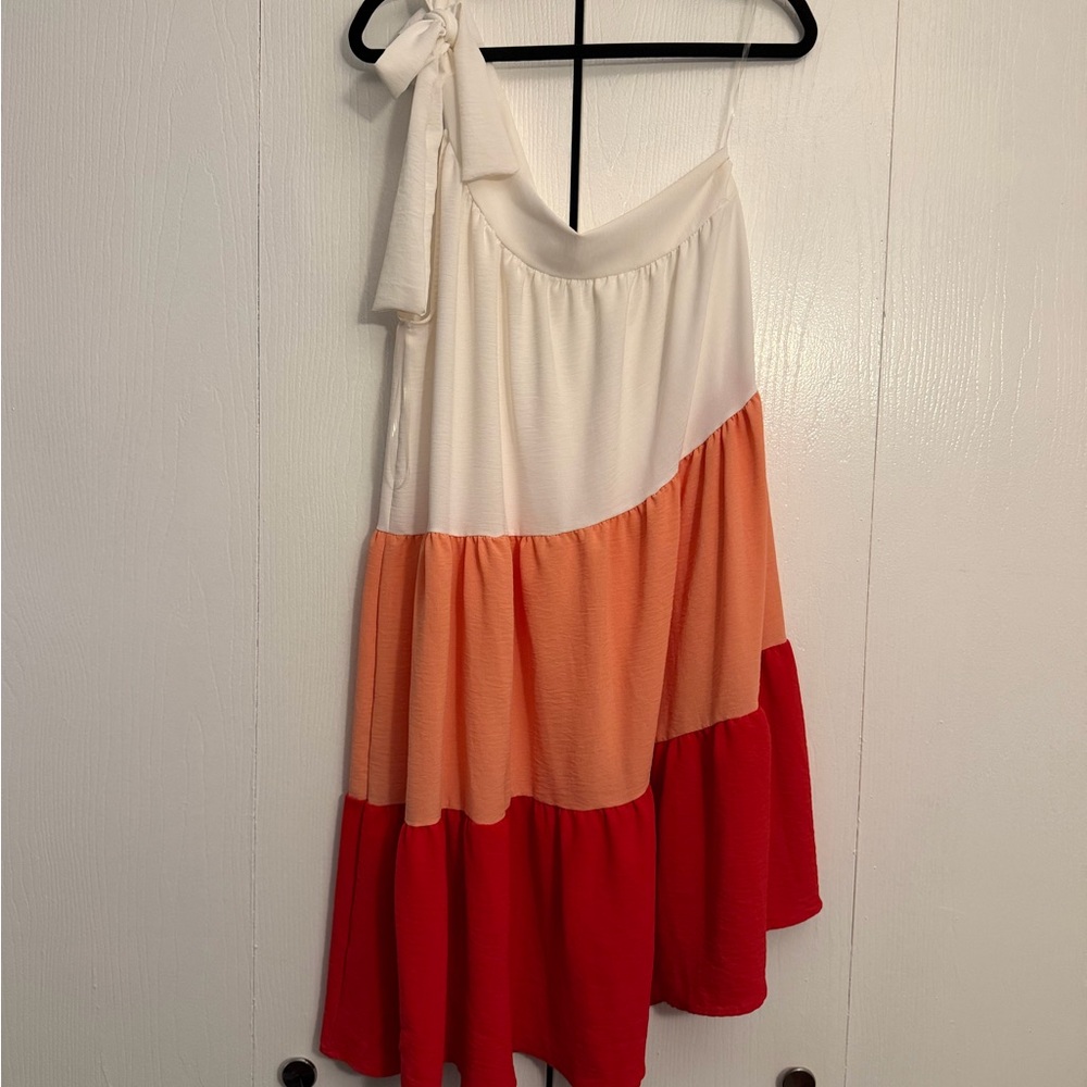 Tiered Colorblock One-Shoulder Skirt - White, Peach & Red